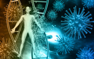 Illustration of a human figure, DNA helix, and virus particles symbolizing genetics and infectious disease.