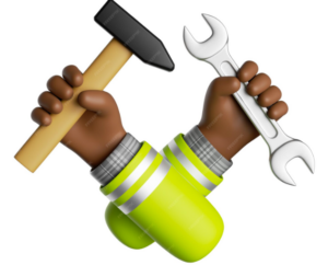 Two cartoon-style hands in green sleeves holding a hammer and a wrench raised upward