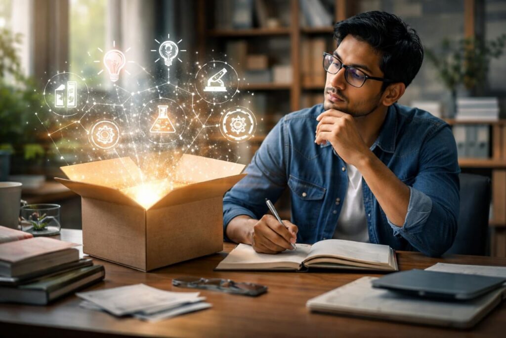 A researcher sits thoughtfully at a desk as glowing icons emerge from an open box, symbolizing ideas and discovery not boxed in