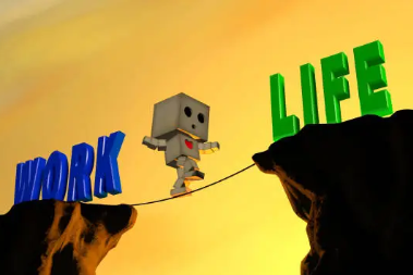 A small robot walks a tightrope between cliffs labeled “WORK” and “LIFE.”