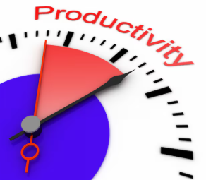 A gauge with a needle pointing toward high productivity.