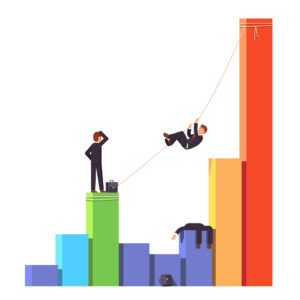 Illustration of a person swinging on a rope between ascending bar graph columns, with a fallen figure on a lower bar.