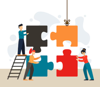 People assembling colorful puzzle pieces to symbolize teamwork and collaboration.