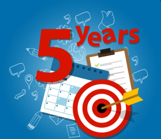 Illustration celebrating five years, with a large red “5,” a calendar, a checklist, and a dart hitting a bullseye.