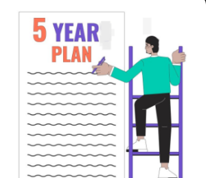 Illustration of a person on a ladder writing a five-year plan.
